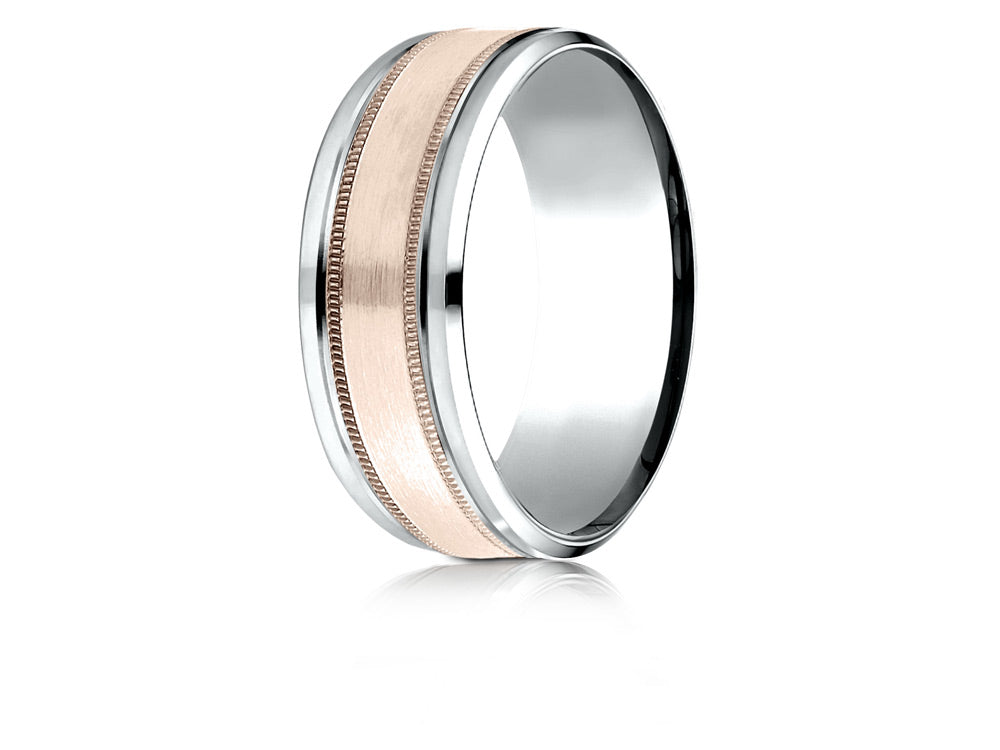 Benchmark 14 kt Two Tone Goldd 8mm Comfort-fit Drop Bevel Satin Finish Milgrain Design Wedding Band Ring