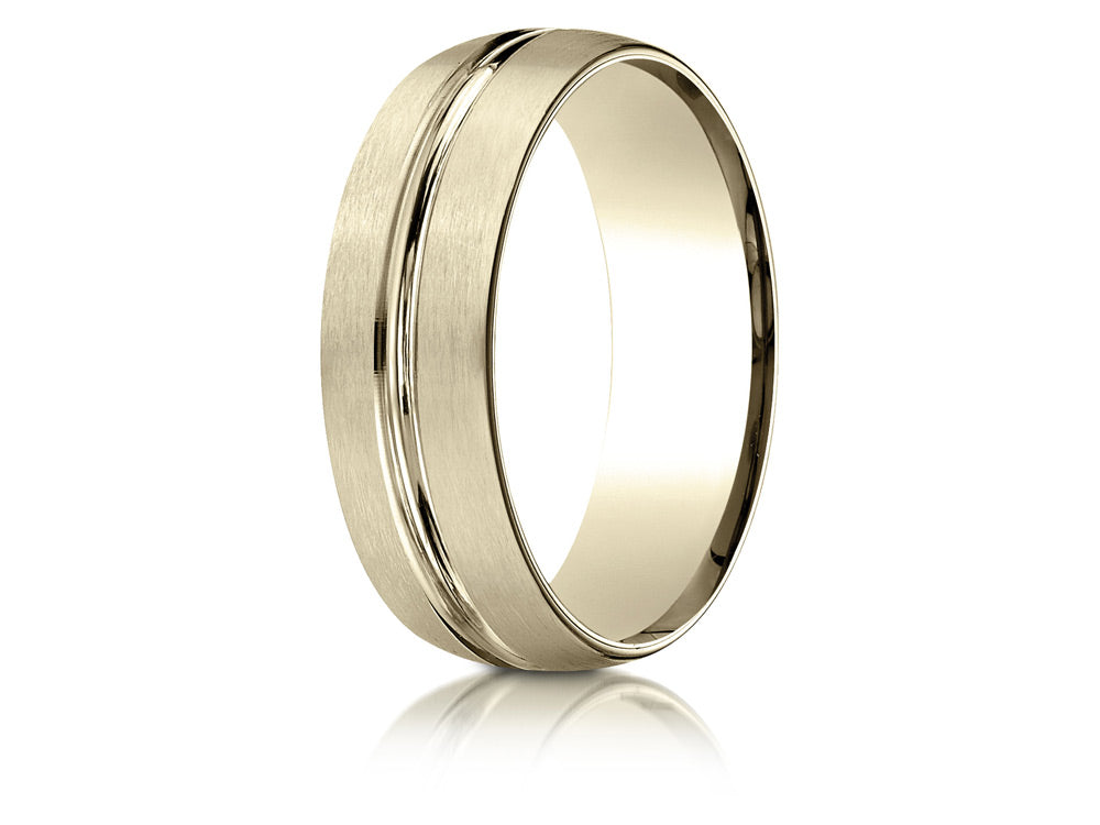 Benchmark 10k Gold 7mm Comfort-fit Satin-finished With High Polished Center Cut Carved Design Wedding Band Ring