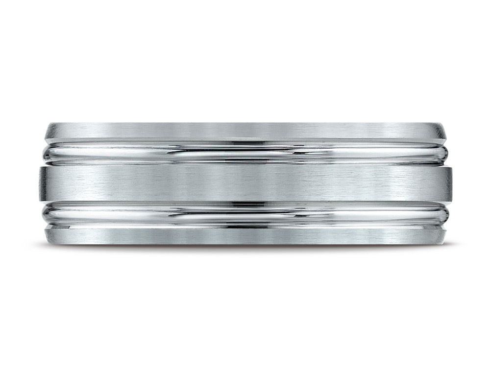 Benchmark 14k Gold 7mm Comfort-fit Satin-finished With Parallel Grooves Carved Design Wedding Band Ring