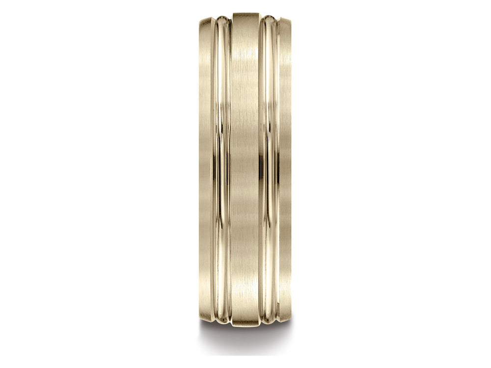 Benchmark 14k Gold 7mm Comfort-fit Satin-finished With Parallel Grooves Carved Design Wedding Band Ring