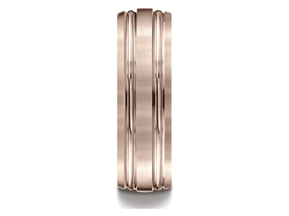 Benchmark 14k Rose Gold 7mm Comfort-fit Satin-finished With Parallel Grooves Carved Design Wedding Band Ring