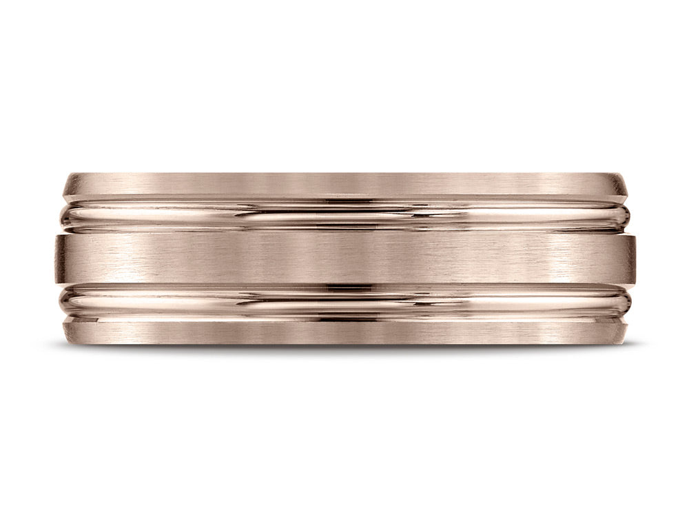 Benchmark 14k Rose Gold 7mm Comfort-fit Satin-finished With Parallel Grooves Carved Design Wedding Band Ring