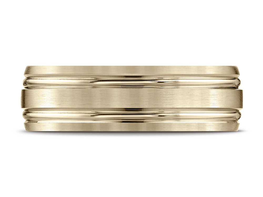 Benchmark 18k Gold 7mm Comfort-fit Satin-finished With Parallel Grooves Carved Design Wedding Band Ring