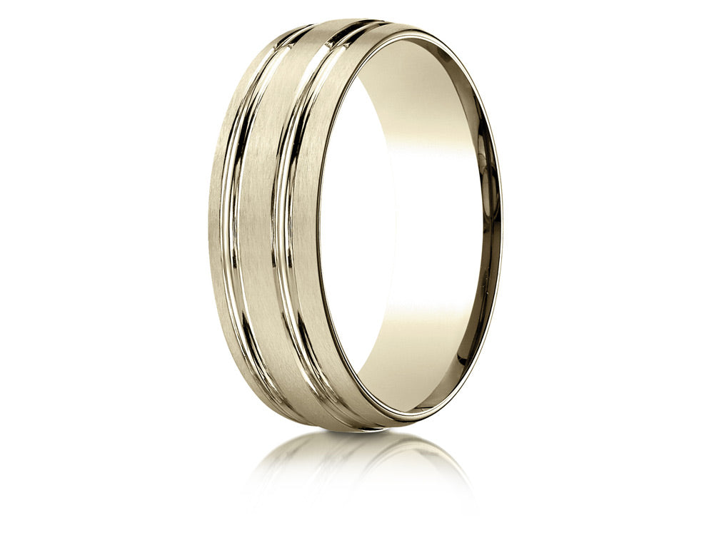 Benchmark 18k Gold 7mm Comfort-fit Satin-finished With Parallel Grooves Carved Design Wedding Band Ring