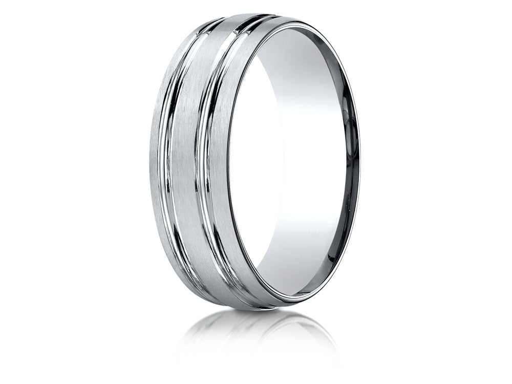 Benchmark 14k Gold 7mm Comfort-fit Satin-finished With Parallel Grooves Carved Design Wedding Band Ring