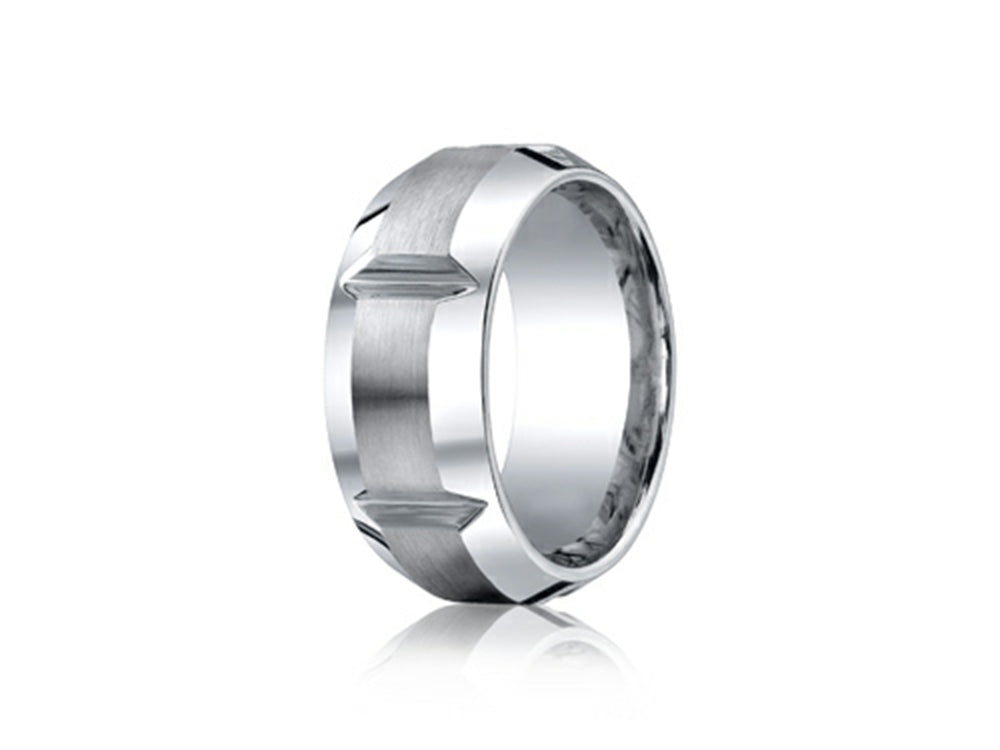 Benchmark Cobalt Chrome 10mm Comfort-fit Satin-finished Polished Grooves and Beveled Edge Ring
