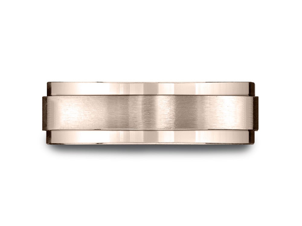 Benchmark 14k Rose Gold 7mm Comfort-fit Satin-finished With High Polished Drop Edge Carved Design Wedding Band Ring