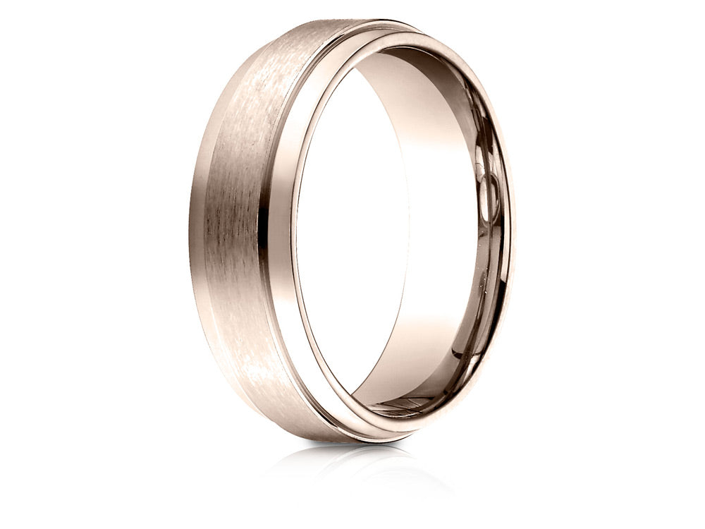 Benchmark 14k Rose Gold 7mm Comfort-fit Satin-finished With High Polished Drop Edge Carved Design Wedding Band Ring