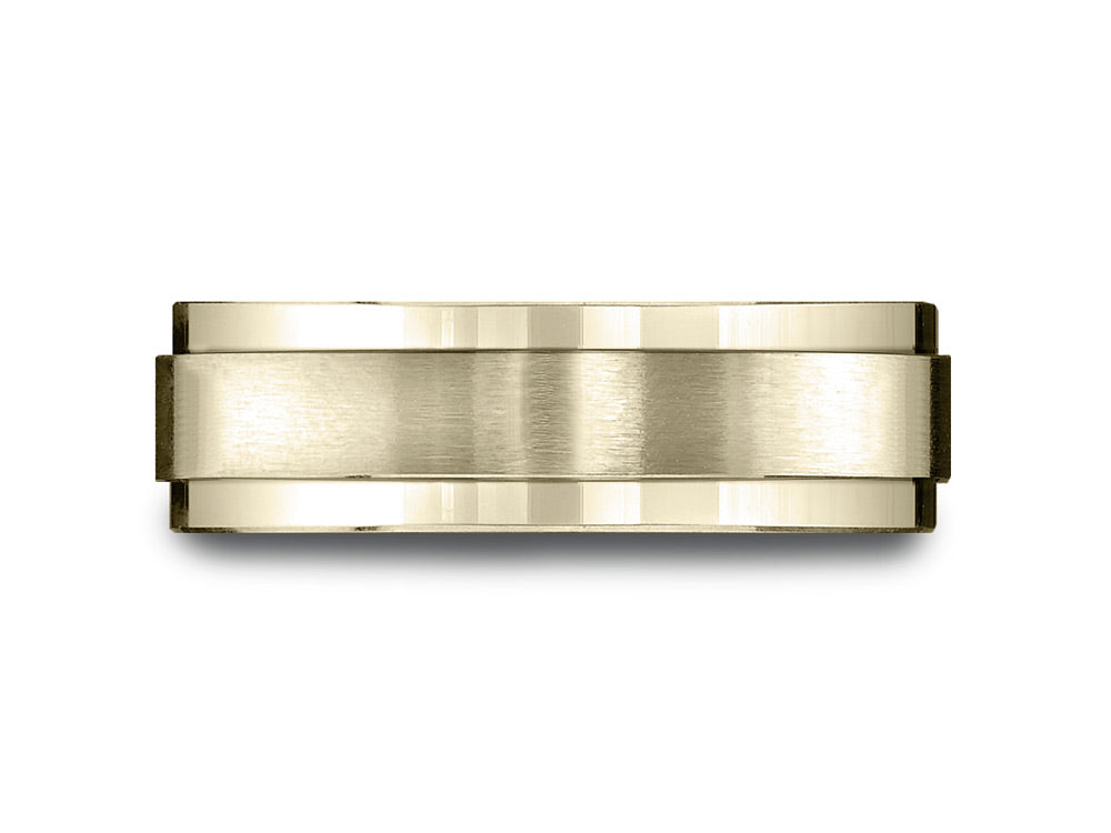 Benchmark 18k Gold 7mm Comfort-fit Satin-finished With High Polished Drop Edge Carved Design Wedding Band Ring