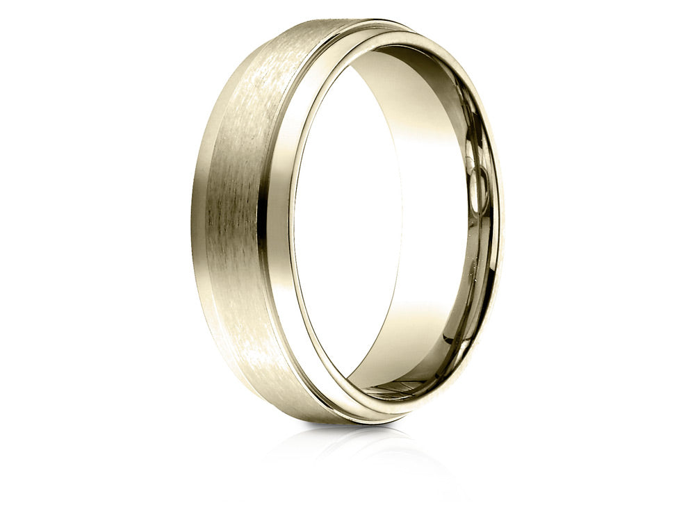 Benchmark 18k Gold 7mm Comfort-fit Satin-finished With High Polished Drop Edge Carved Design Wedding Band Ring