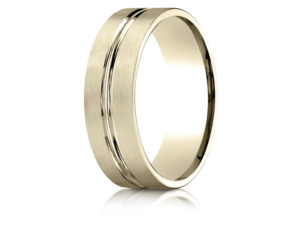 Benchmark 10k Gold 7mm Comfort-fit Satin-finished With High Polished Center Cut Carved Design Wedding Band Ring