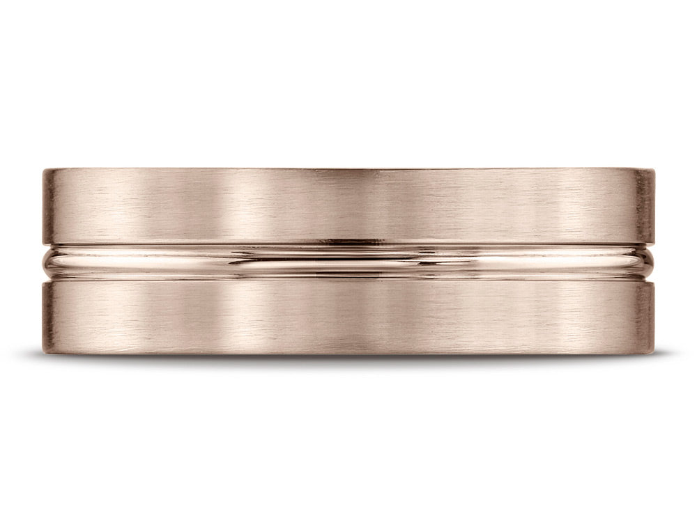 Benchmark 14k Rose Gold 7mm Comfort-fit Satin-finished With High Polished Center Cut Carved Design Wedding Band Ring