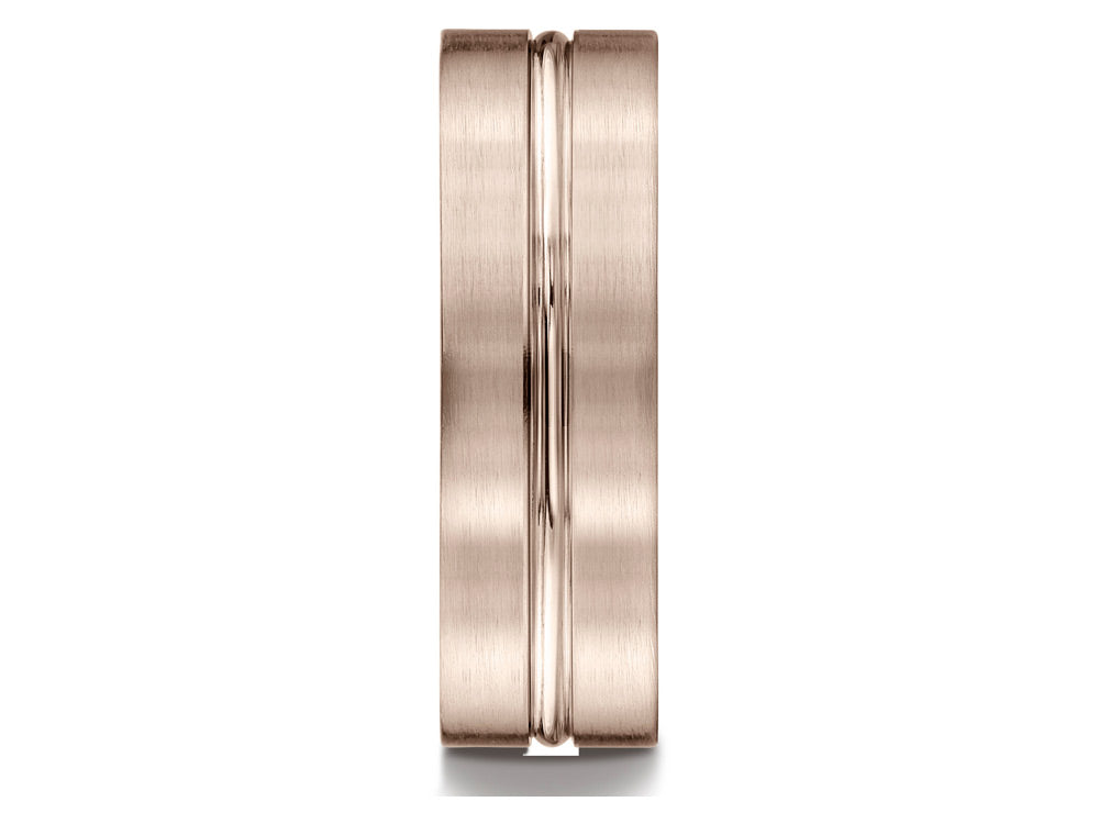 Benchmark 14k Rose Gold 7mm Comfort-fit Satin-finished With High Polished Center Cut Carved Design Wedding Band Ring