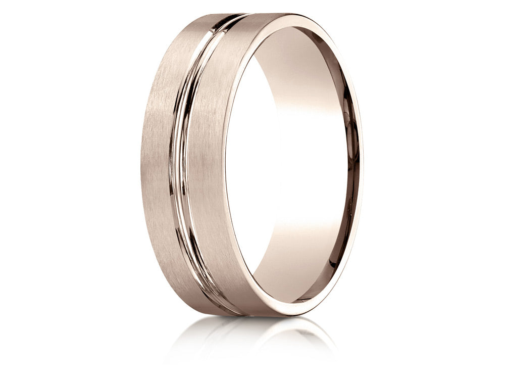 Benchmark 14k Rose Gold 7mm Comfort-fit Satin-finished With High Polished Center Cut Carved Design Wedding Band Ring