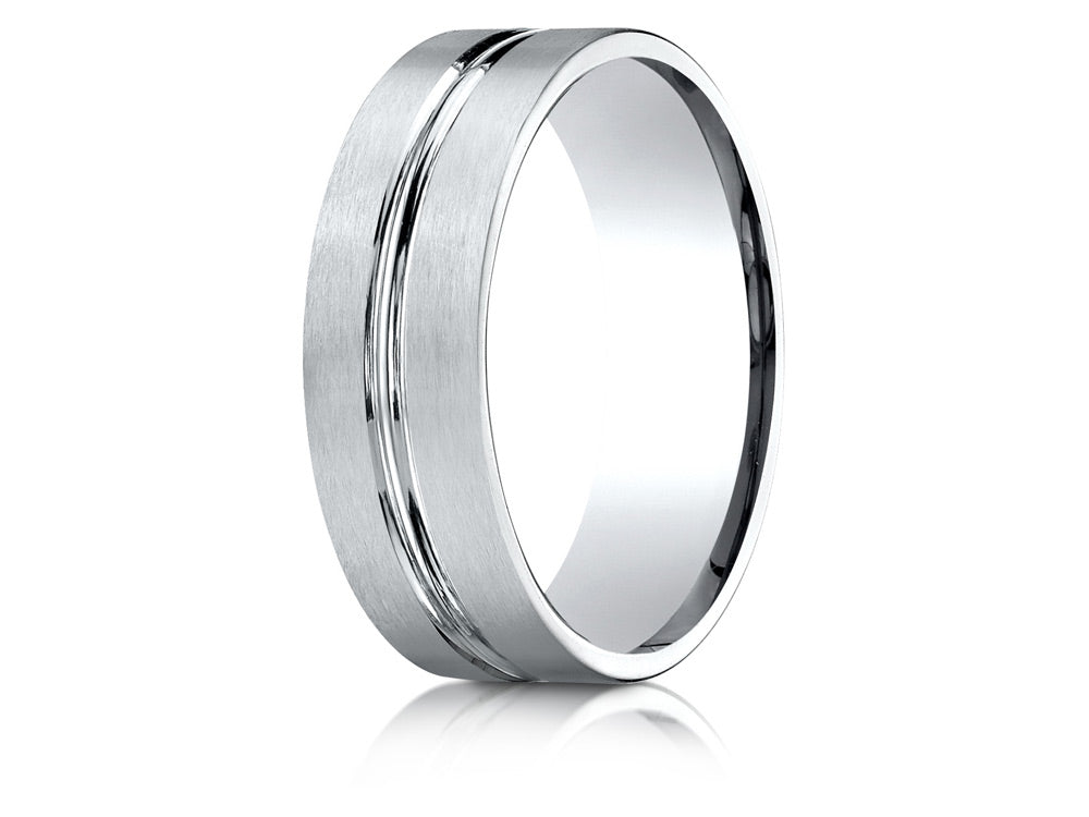 Benchmark 14k Gold 7mm Comfort-fit Satin-finished With High Polished Center Cut Carved Design Wedding Band Ring