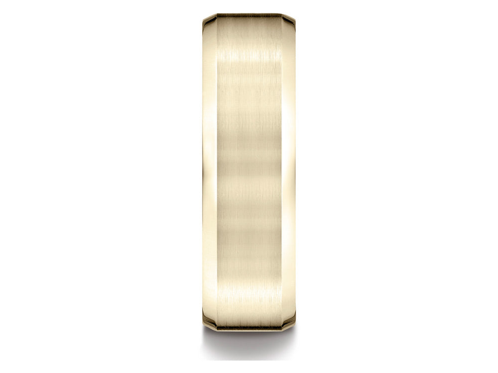 Benchmark 14k Gold 7mm Comfort-fit Satin-finished With High Polished Beveled Edge Carved Design Wedding Band Ring