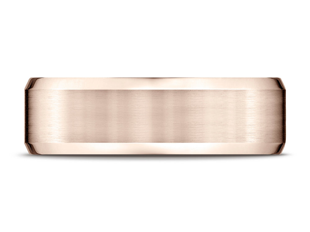 Benchmark 14k Rose Gold 7mm Comfort-fit Satin-finished With High Polished Beveled Edge Carved Design Wedding Band Ring