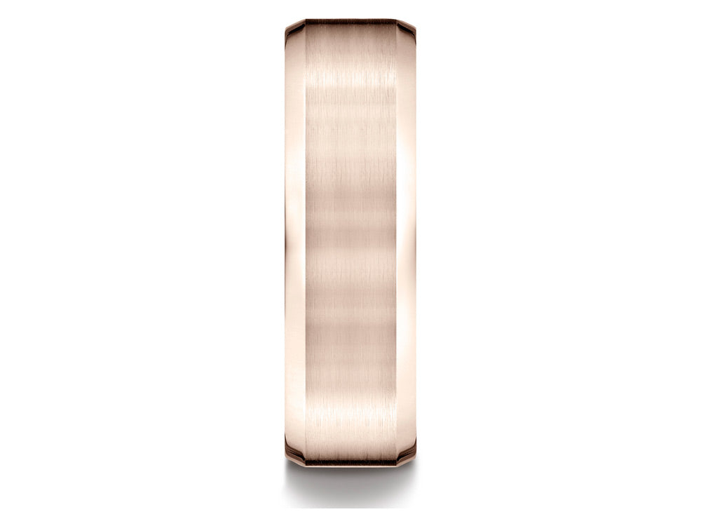 Benchmark 14k Rose Gold 7mm Comfort-fit Satin-finished With High Polished Beveled Edge Carved Design Wedding Band Ring