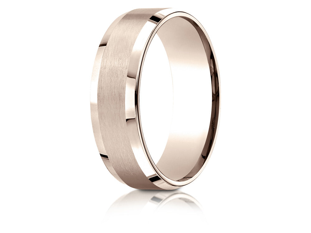 Benchmark 14k Rose Gold 7mm Comfort-fit Satin-finished With High Polished Beveled Edge Carved Design Wedding Band Ring
