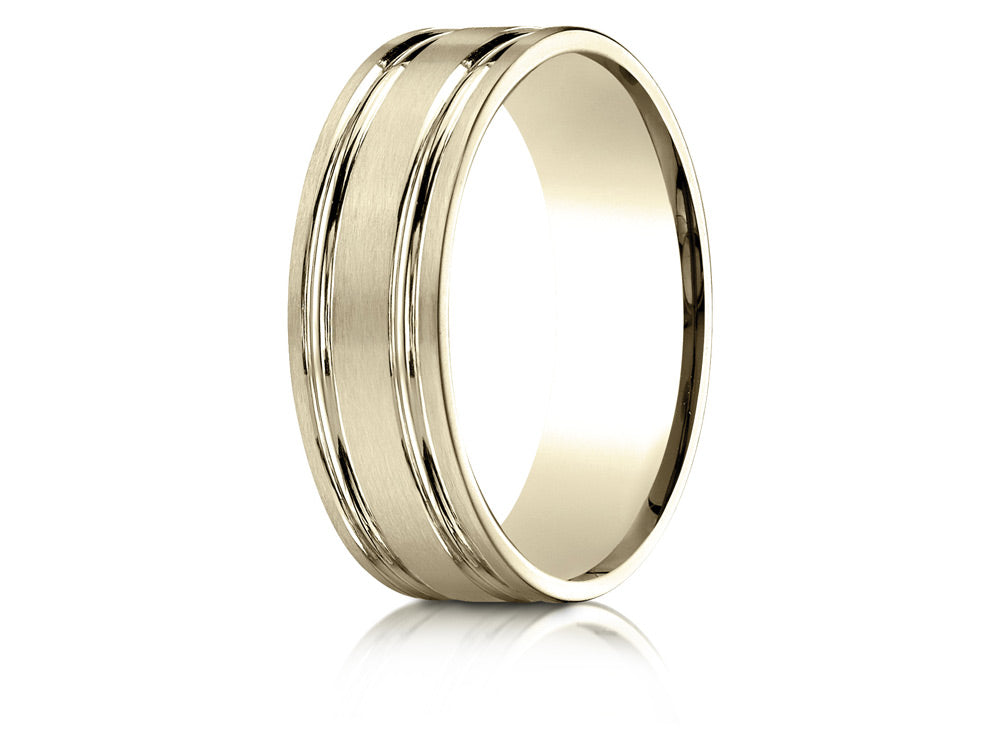 Benchmark 10k Gold 7mm Comfort-fit Satin-finished With Parallel Grooves Carved Design Wedding Band Ring