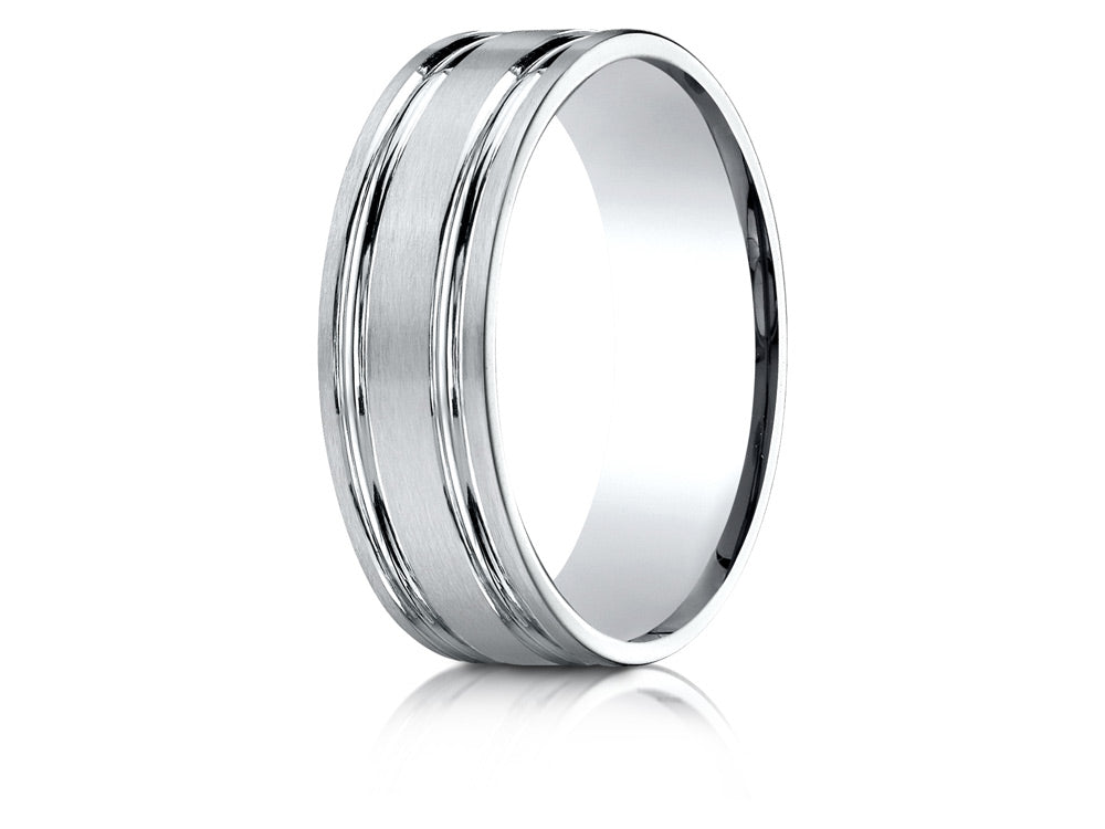 Benchmark 10k Gold 7mm Comfort-fit Satin-finished With Parallel Grooves Carved Design Wedding Band Ring
