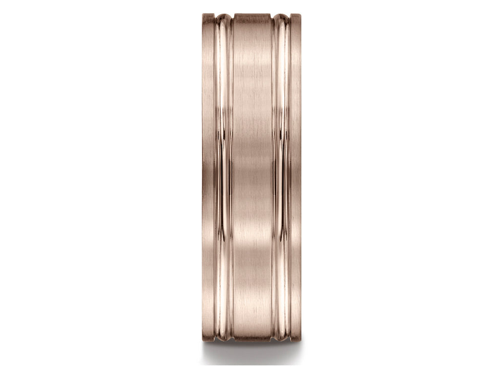 Benchmark 14k Rose Gold 7mm Comfort-fit Satin-finished With Parallel Grooves Carved Design Wedding Band Ring