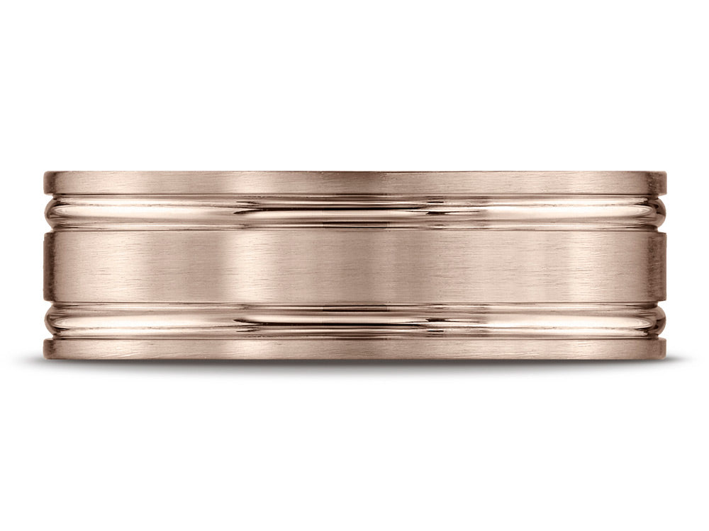 Benchmark 14k Rose Gold 7mm Comfort-fit Satin-finished With Parallel Grooves Carved Design Wedding Band Ring