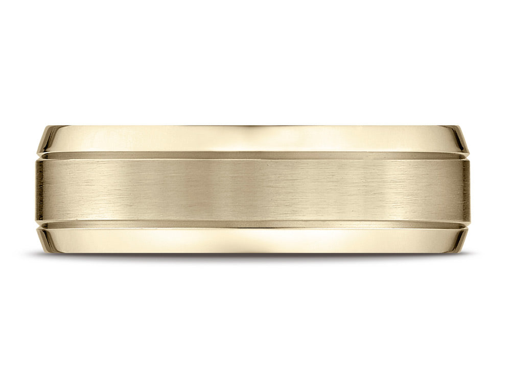 Benchmark 10k Gold 7mm Comfort-fit Satin-finished High Polished Beveled Edge Carved Design Wedding Band Ring