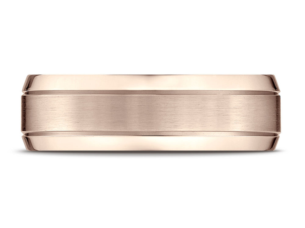 Benchmark 14k Rose Gold 7mm Comfort-fit Satin-finished High Polished Beveled Edge Carved Design Wedding Band Ring