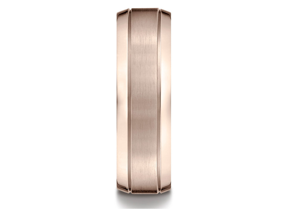 Benchmark 14k Rose Gold 7mm Comfort-fit Satin-finished High Polished Beveled Edge Carved Design Wedding Band Ring