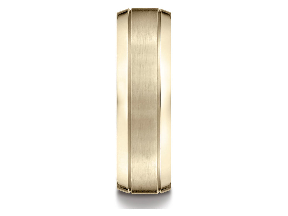 Benchmark 18k Gold 7mm Comfort-fit Satin-finished High Polished Beveled Edge Carved Design Wedding Band Ring