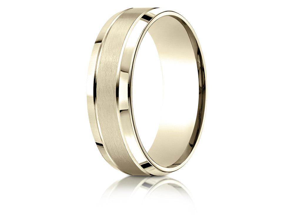 Benchmark 18k Gold 7mm Comfort-fit Satin-finished High Polished Beveled Edge Carved Design Wedding Band Ring