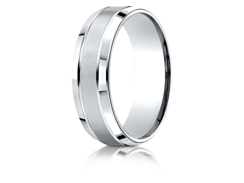 Benchmark 18k Gold 7mm Comfort-fit Satin-finished High Polished Beveled Edge Carved Design Wedding Band Ring
