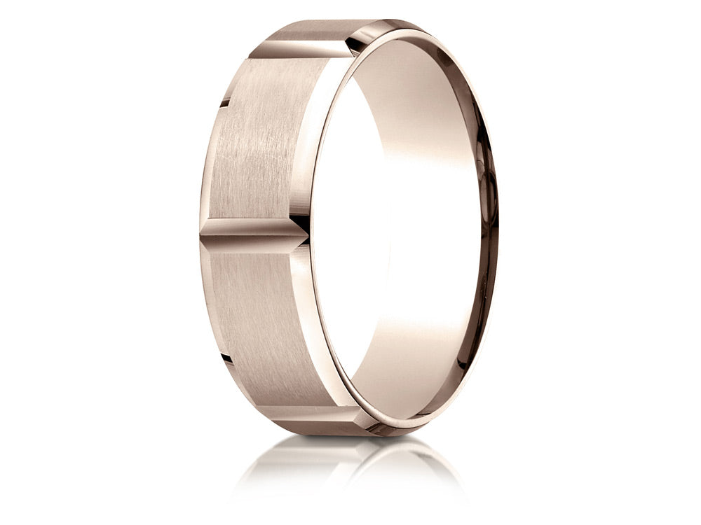 Benchmark 14k Rose Gold 7mm Comfort-fit Satin-finished Grooves Carved Design Wedding Band Ring