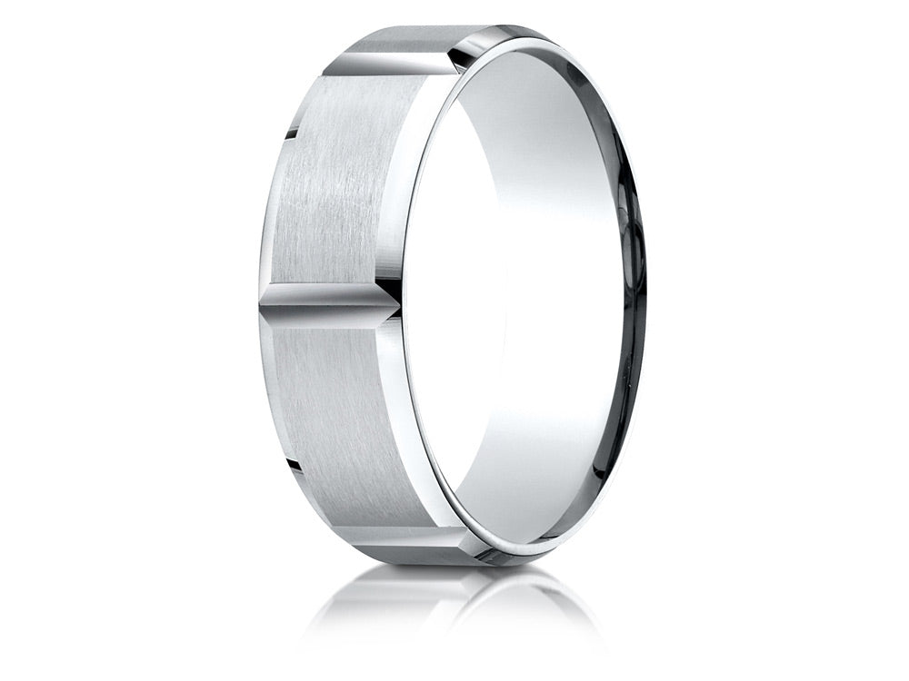 Benchmark 18k Gold 7mm Comfort-fit Satin-finished Grooves Carved Design Wedding Band Ring