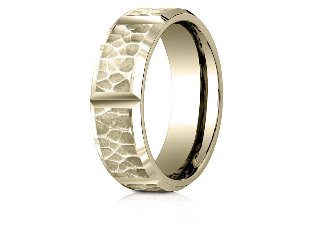 Benchmark 18 Karat Gold 7mm Comfort-fit Hammered Finish Grooved Carved Design Wedding Band Ring