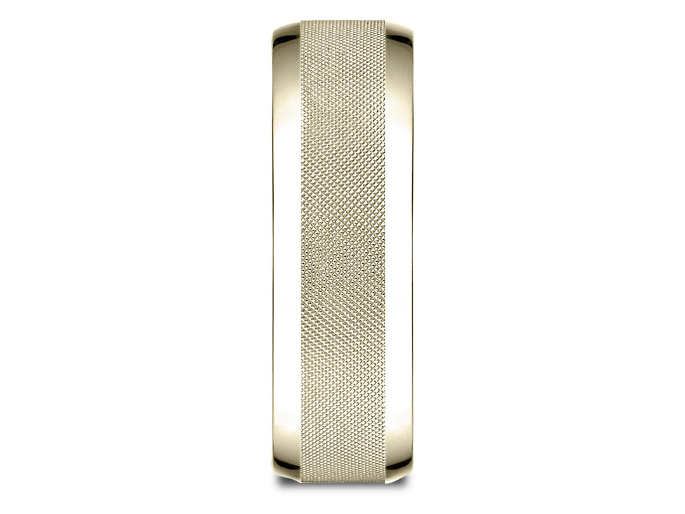 Benchmark 14 Karat Gold 7mm Comfort-fit High Polish Round Edge Cross Hatch Center Design Wedding Band Ring