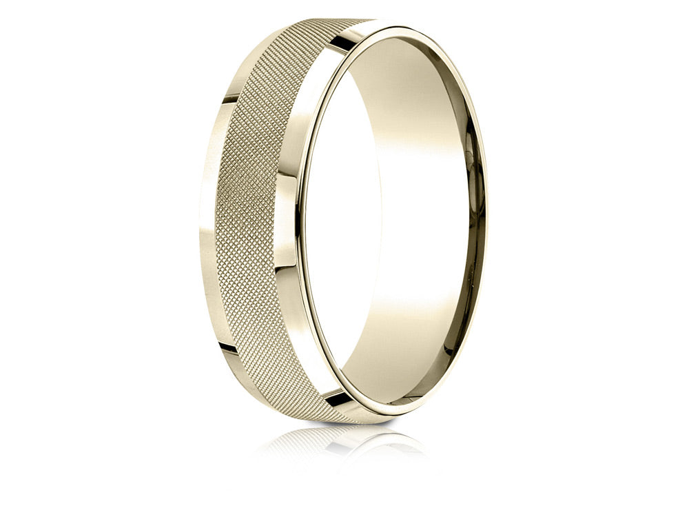Benchmark 14 Karat Gold 7mm Comfort-fit High Polish Round Edge Cross Hatch Center Design Wedding Band Ring