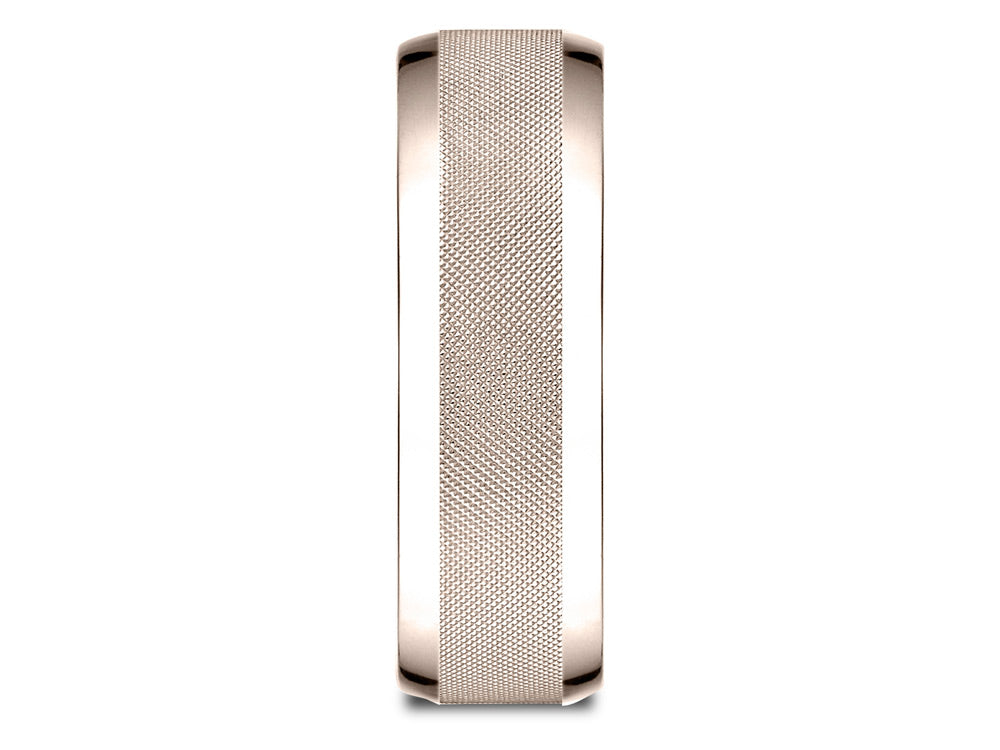 Benchmark 14 Karat Rose Gold 7mm Comfort-fit High Polish Round Edge Cross Hatch Center Design Wedding Band Ring