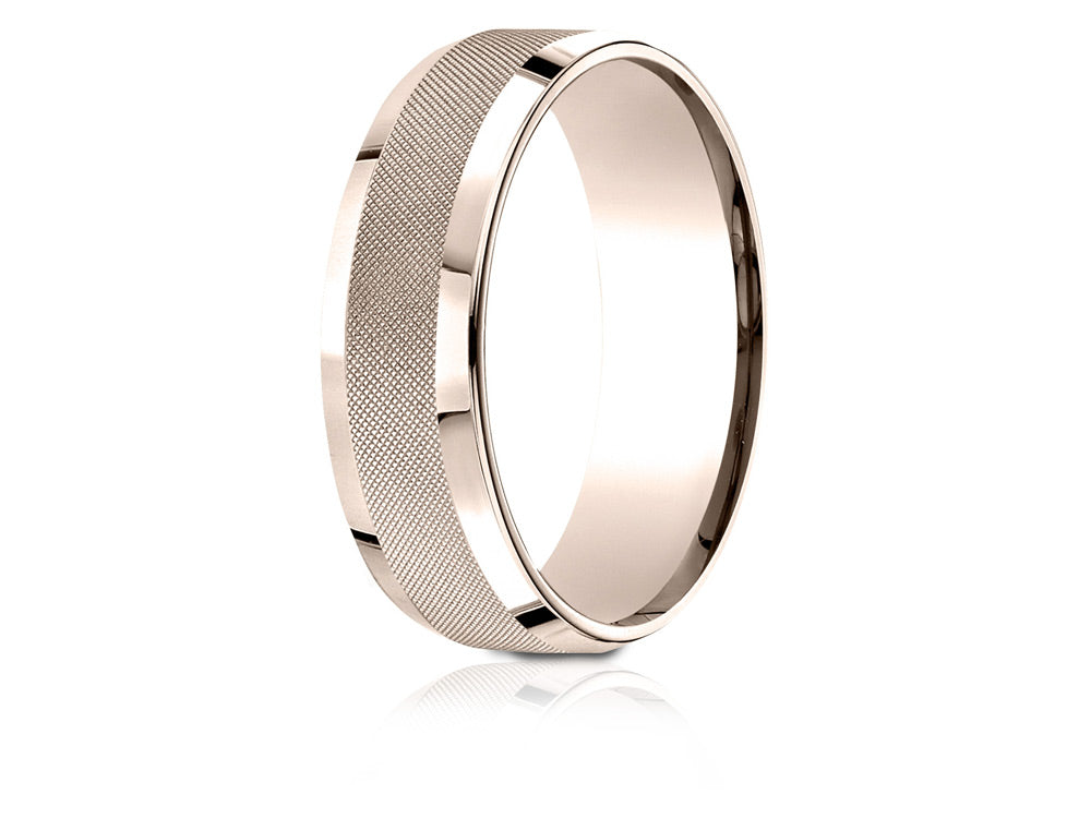 Benchmark 14 Karat Rose Gold 7mm Comfort-fit High Polish Round Edge Cross Hatch Center Design Wedding Band Ring