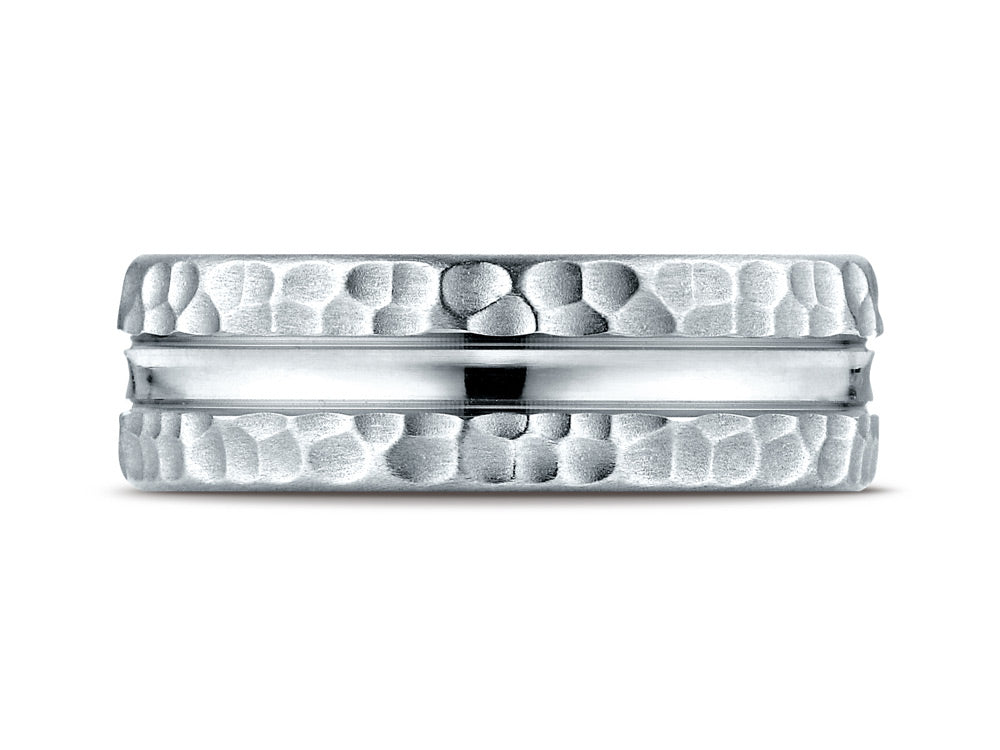 Benchmark 14k Gold 7.5mm Comfort Fit Hammered Finish Center Cut Design Wedding Band Ring
