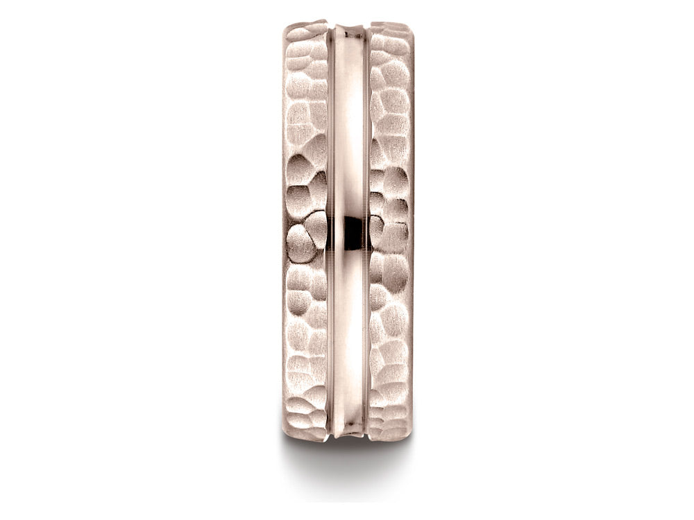 Benchmark 14k Rose Gold 7.5mm Comfort Fit Hammered Finish Center Cut Design Wedding Band Ring