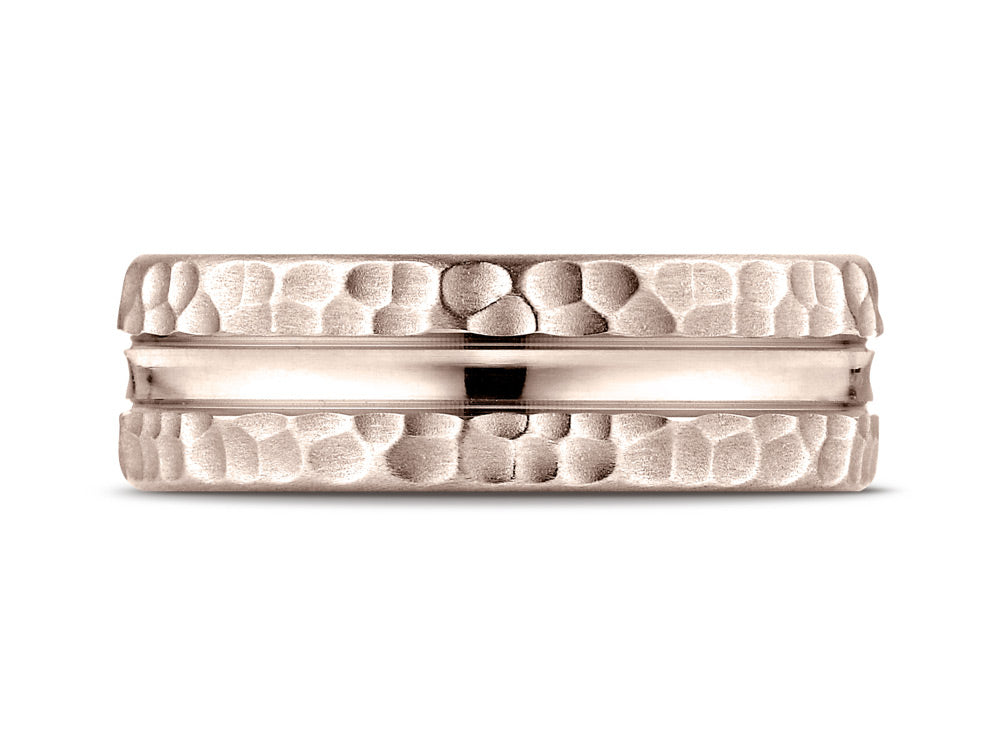 Benchmark 14k Rose Gold 7.5mm Comfort Fit Hammered Finish Center Cut Design Wedding Band Ring