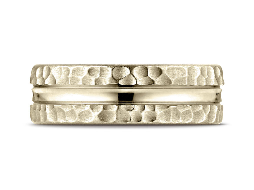 Benchmark 18k Gold 7.5mm Comfort Fit Hammered Finish Center Cut Design Wedding Band Ring