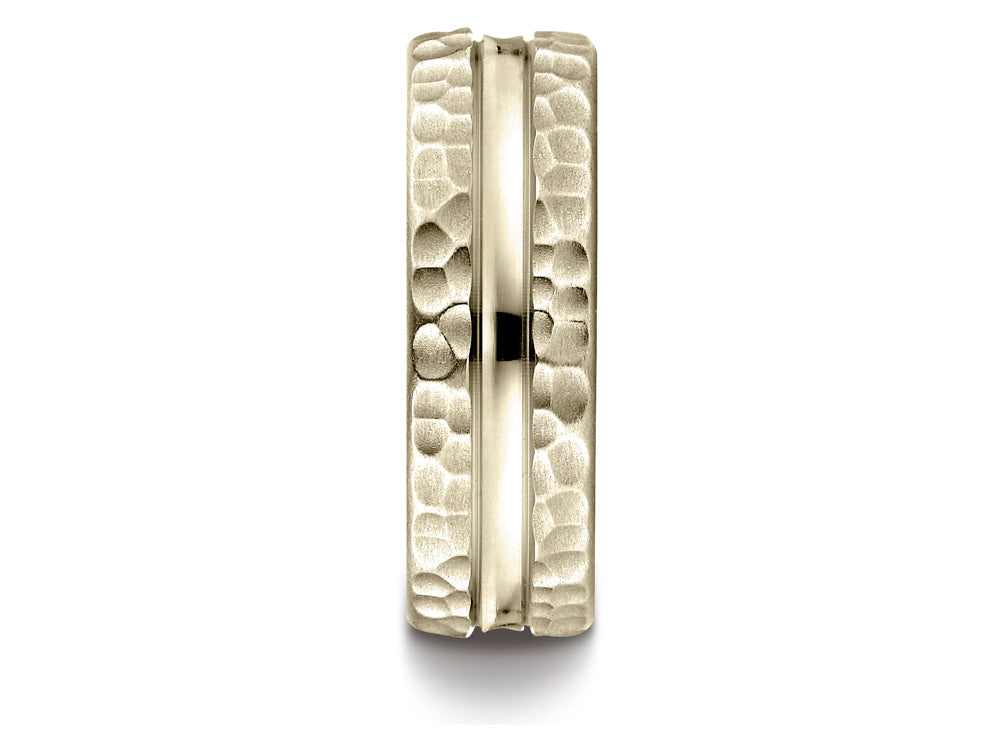 Benchmark 18k Gold 7.5mm Comfort Fit Hammered Finish Center Cut Design Wedding Band Ring