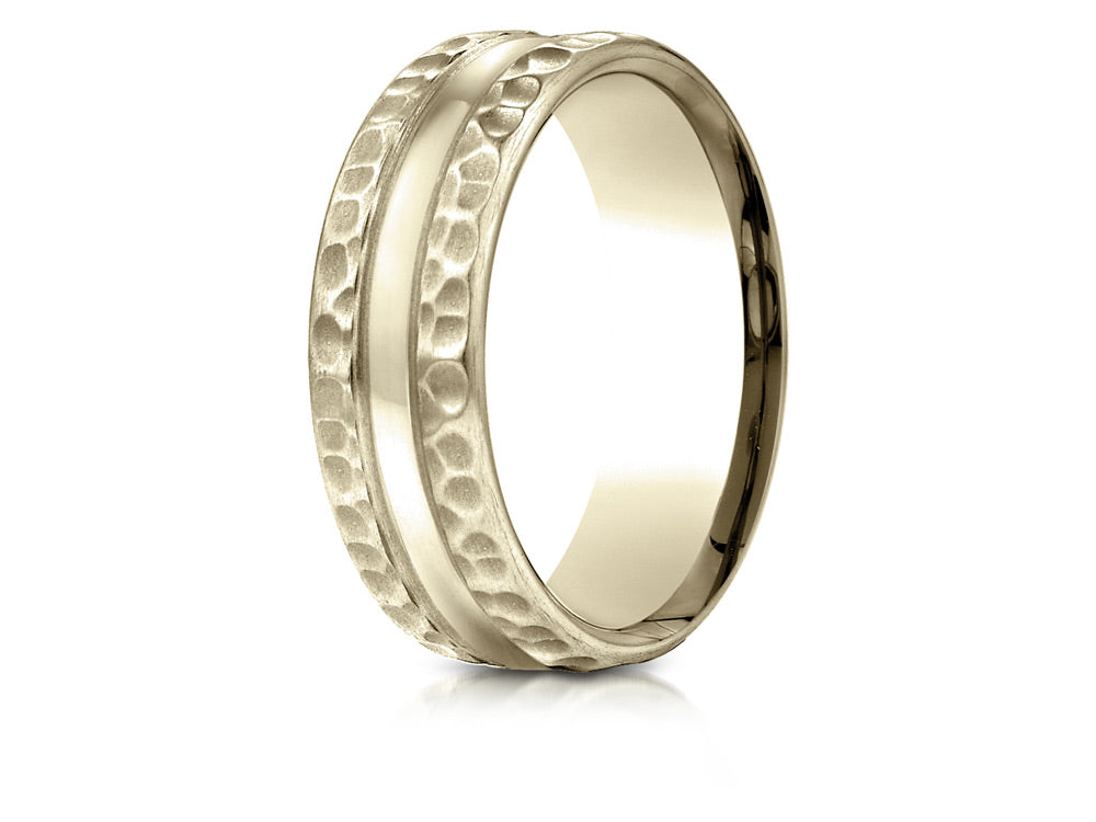 Benchmark 18k Gold 7.5mm Comfort Fit Hammered Finish Center Cut Design Wedding Band Ring