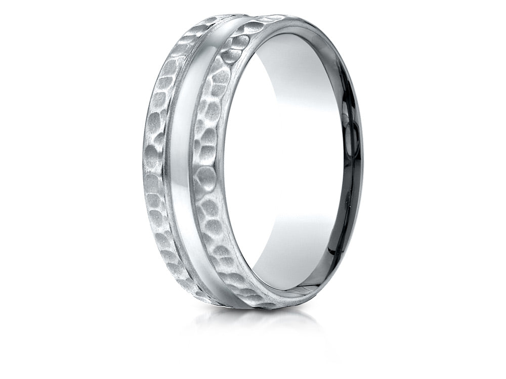 Benchmark 14k Gold 7.5mm Comfort Fit Hammered Finish Center Cut Design Wedding Band Ring