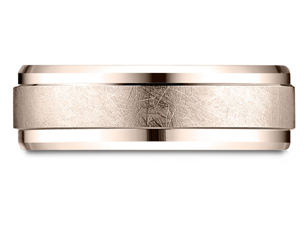 Benchmark 14 Karat Rose Gold 7mm Comfort-fit Drop Bevel Swirl Finish Center Design Wedding Band Ring