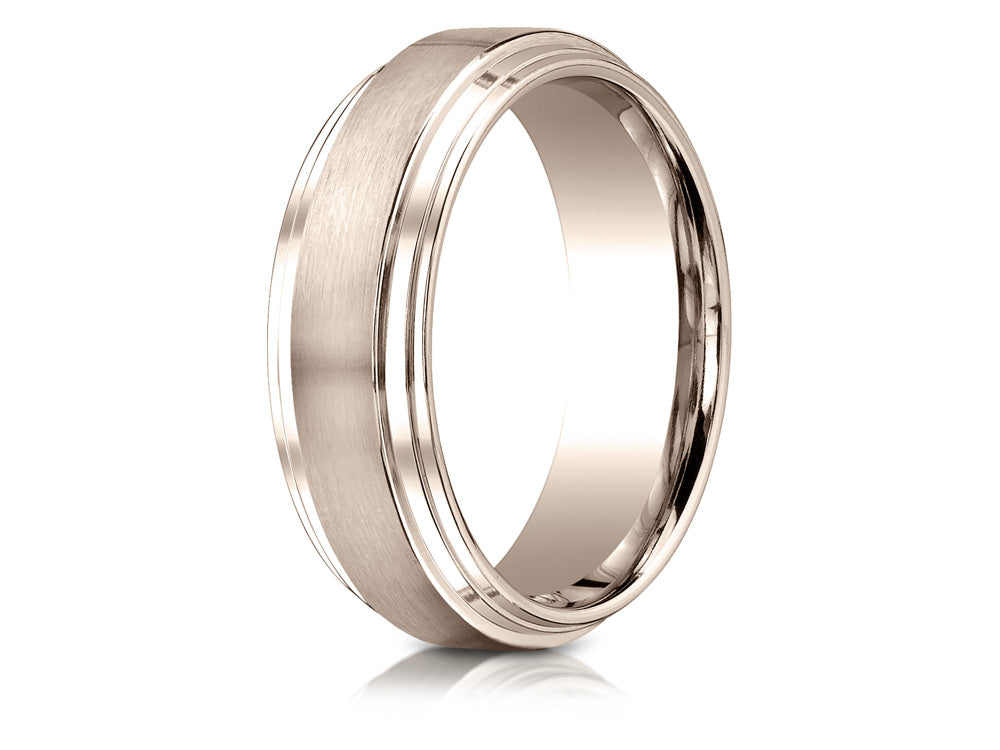 Benchmark 14k Rose Gold 8mm Comfort-fit Satin-finished Step Edge Carved Design Wedding Band Ring