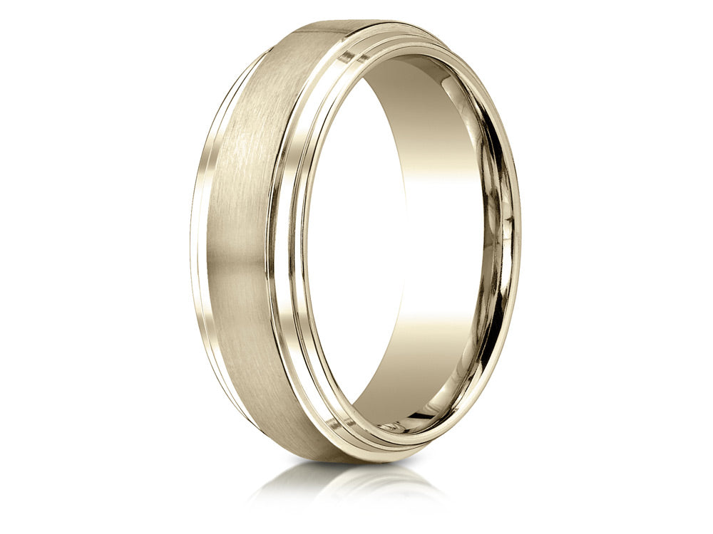 Benchmark 18k Gold 8mm Comfort-fit Satin-finished Step Edge Carved Design Wedding Band Ring